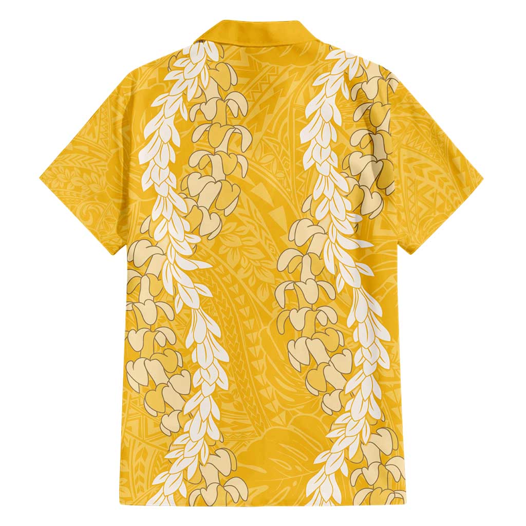 Puakenikeni and Maile Lei Family Matching Short Sleeve Bodycon Dress and Hawaiian Shirt Gold Double Strand Lei