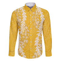 Puakenikeni and Maile Lei Family Matching Short Sleeve Bodycon Dress and Hawaiian Shirt Gold Double Strand Lei