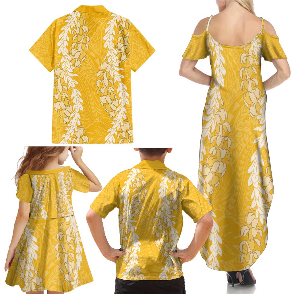 Puakenikeni and Maile Lei Family Matching Summer Maxi Dress and Hawaiian Shirt Gold Double Strand Lei