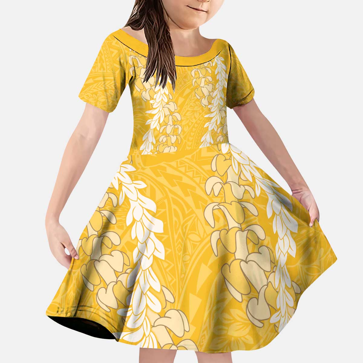 Puakenikeni and Maile Lei Kid Short Sleeve Dress - Gold Double Strand Lei LT9 KID Gold - Polynesian Pride
