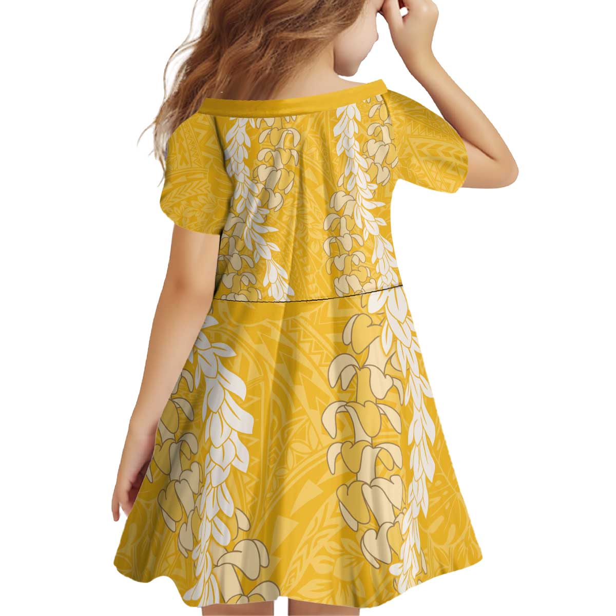Puakenikeni and Maile Lei Kid Short Sleeve Dress - Gold Double Strand Lei LT9 - Polynesian Pride