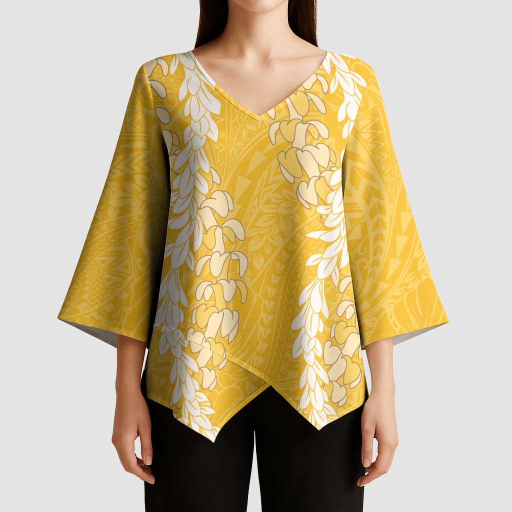 Puakenikeni and Maile Lei Kimono Sleeve Blouse Gold Double Strand Lei - Polynesian Pride
