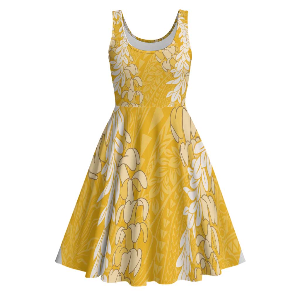 Puakenikeni and Maile Lei Midi Dress Gold Double Strand Lei - Polynesian Pride