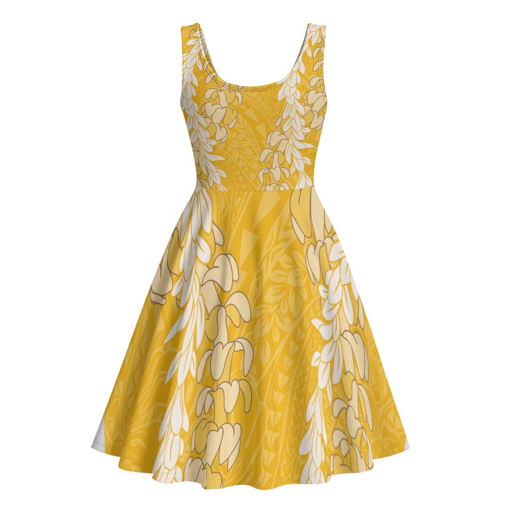 Puakenikeni and Maile Lei Midi Dress Gold Double Strand Lei - Polynesian Pride