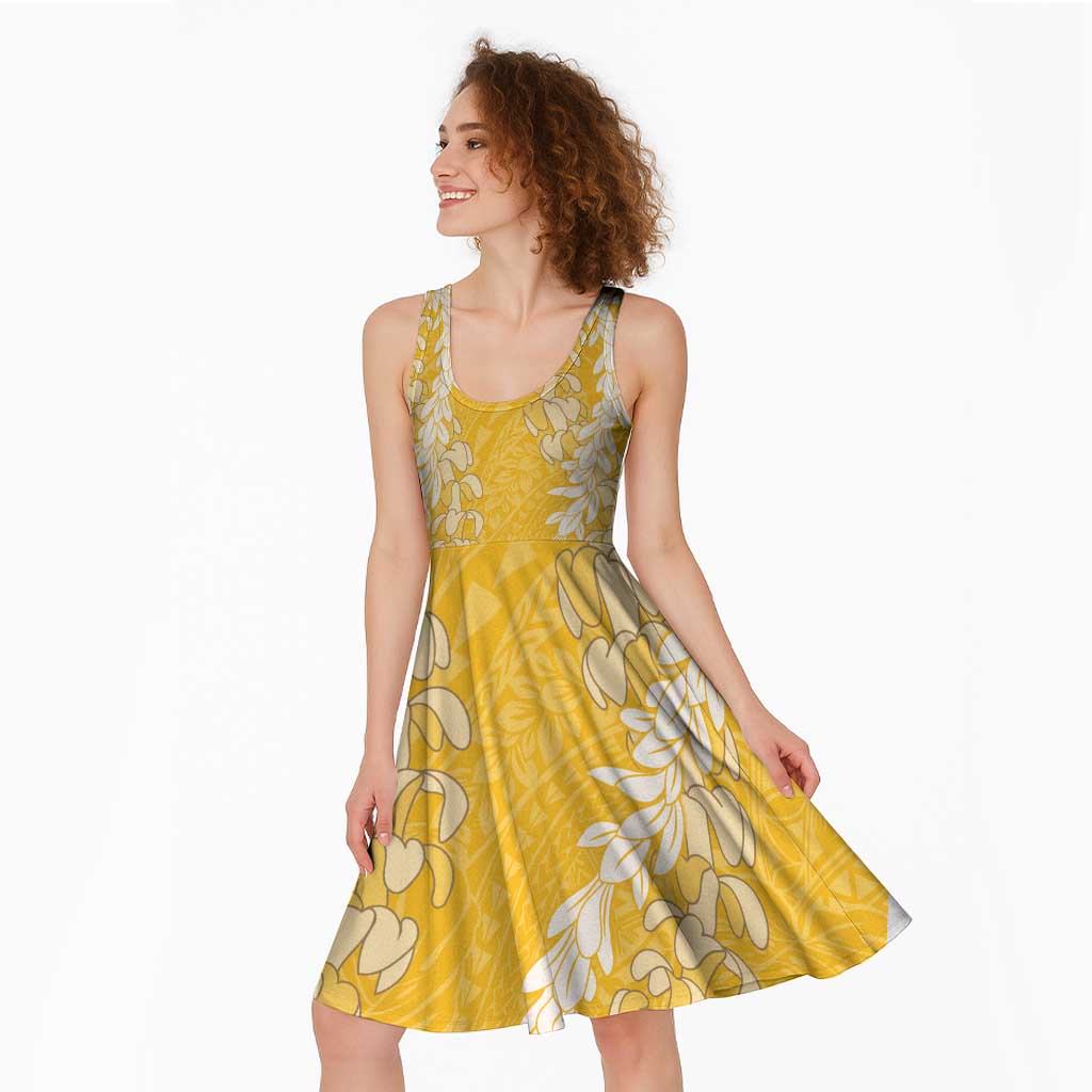 Puakenikeni and Maile Lei Midi Dress Gold Double Strand Lei - Polynesian Pride