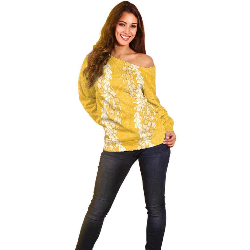 Puakenikeni and Maile Lei Off Shoulder Sweater Gold Double Strand Lei