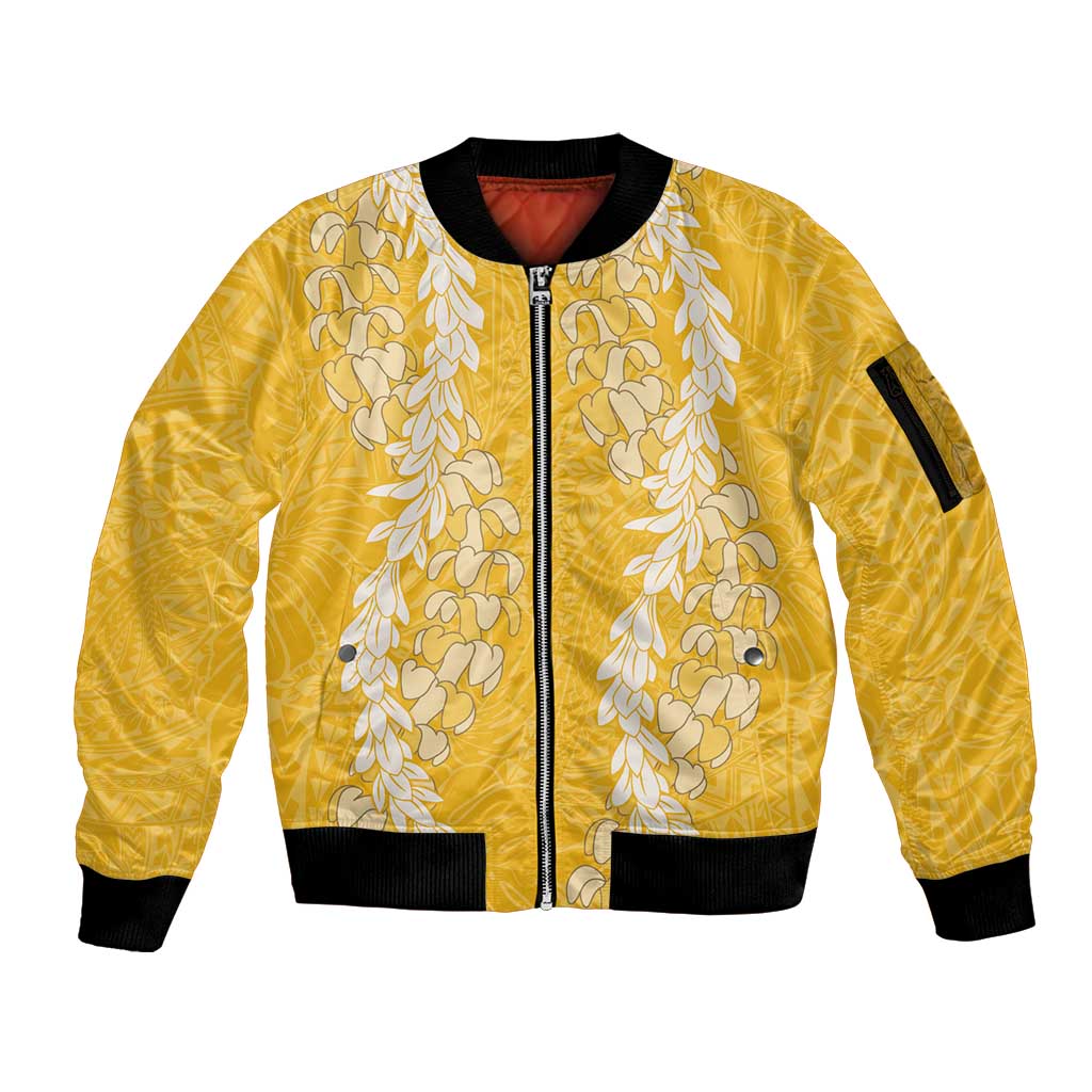 Puakenikeni and Maile Lei Sleeve Zip Bomber Jacket Gold Double Strand Lei