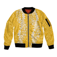Puakenikeni and Maile Lei Sleeve Zip Bomber Jacket Gold Double Strand Lei