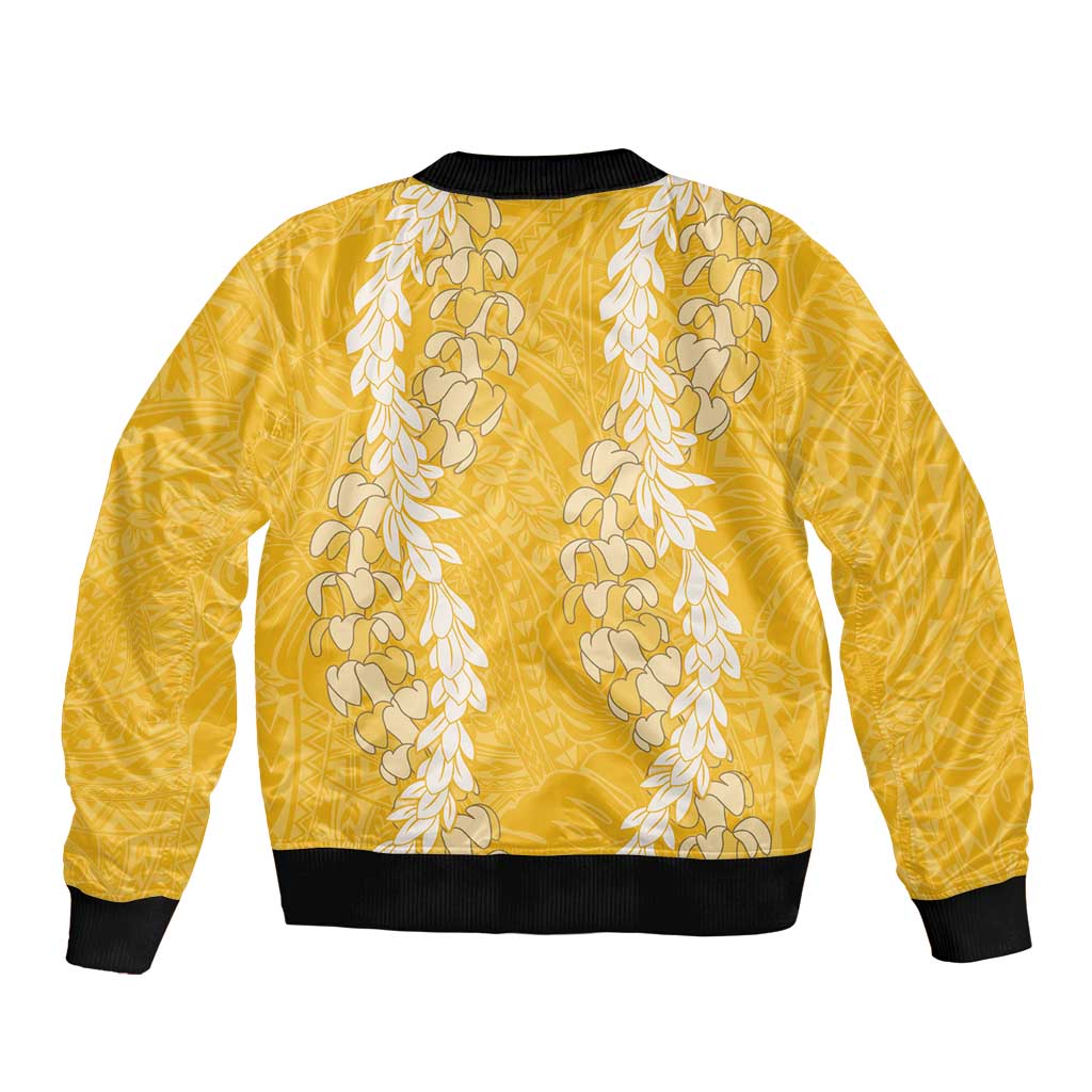 Puakenikeni and Maile Lei Sleeve Zip Bomber Jacket Gold Double Strand Lei