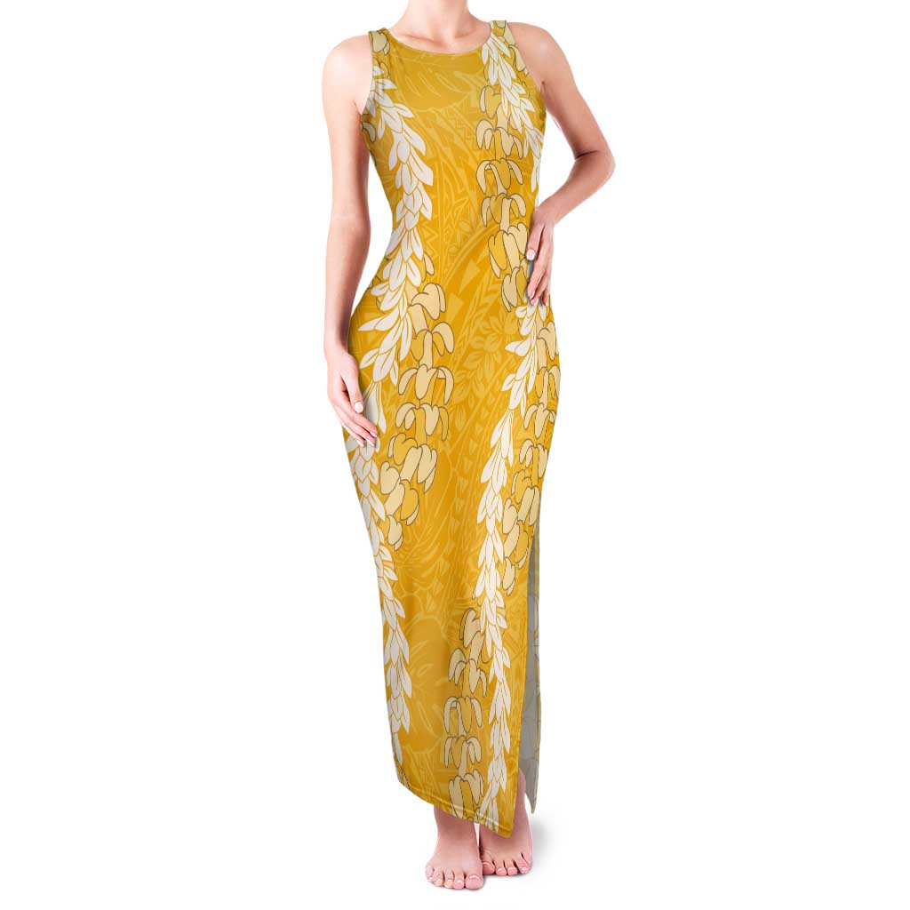 Puakenikeni and Maile Lei Tank Maxi Dress Gold Double Strand Lei LT9 Women Gold - Polynesian Pride