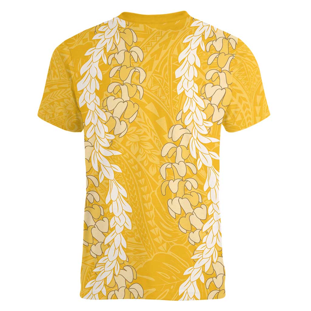 Puakenikeni and Maile Lei Women V-Neck T-Shirt Gold Double Strand Lei LT9 - Polynesian Pride