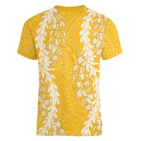 Puakenikeni and Maile Lei Women V-Neck T-Shirt Gold Double Strand Lei LT9 - Polynesian Pride