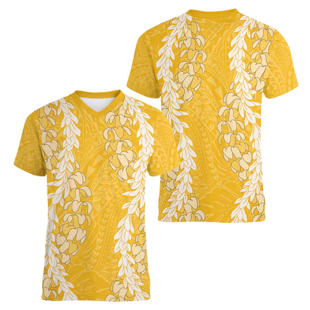 Puakenikeni and Maile Lei Women V-Neck T-Shirt Gold Double Strand Lei LT9 - Polynesian Pride