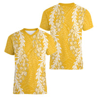 Puakenikeni and Maile Lei Women V-Neck T-Shirt Gold Double Strand Lei LT9 - Polynesian Pride