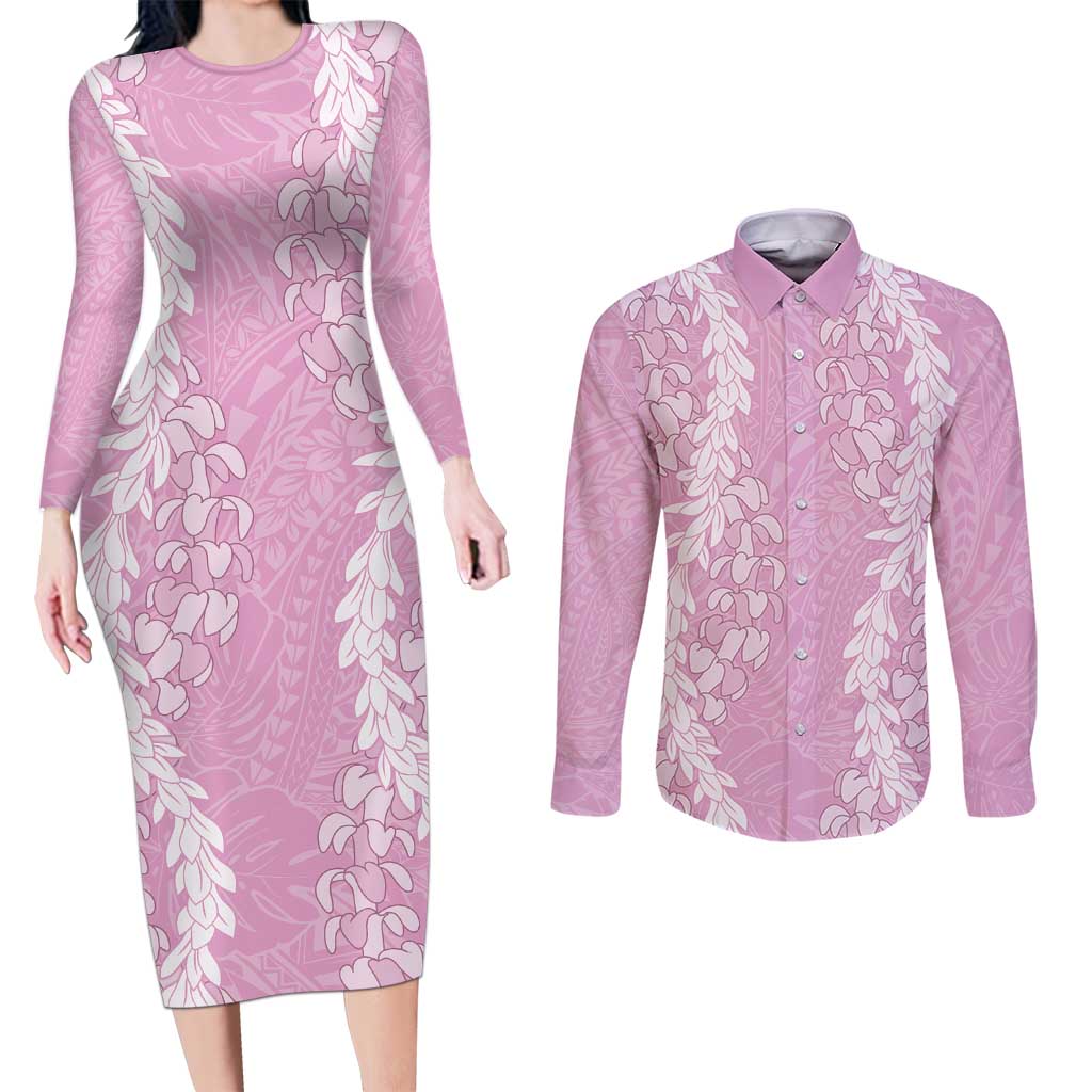 Puakenikeni and Maile Lei Couples Matching Long Sleeve Bodycon Dress and Long Sleeve Button Shirt Pink Double Strand Lei