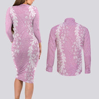 Puakenikeni and Maile Lei Couples Matching Long Sleeve Bodycon Dress and Long Sleeve Button Shirt Pink Double Strand Lei