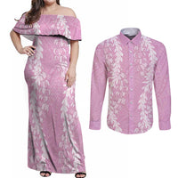 Puakenikeni and Maile Lei Couples Matching Off Shoulder Maxi Dress and Long Sleeve Button Shirt Pink Double Strand Lei LT9 Pink - Polynesian Pride