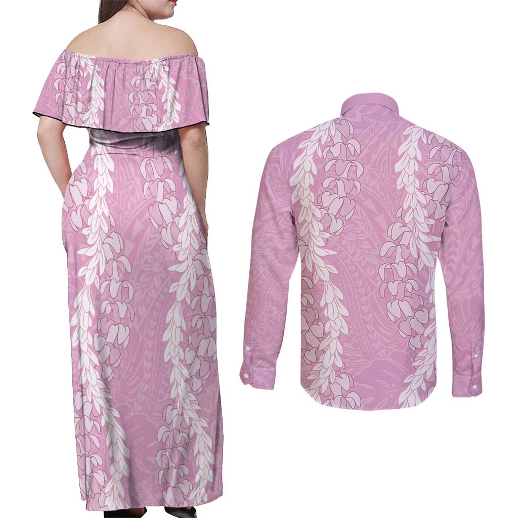 Puakenikeni and Maile Lei Couples Matching Off Shoulder Maxi Dress and Long Sleeve Button Shirt Pink Double Strand Lei LT9 - Polynesian Pride