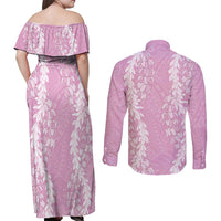 Puakenikeni and Maile Lei Couples Matching Off Shoulder Maxi Dress and Long Sleeve Button Shirt Pink Double Strand Lei LT9 - Polynesian Pride