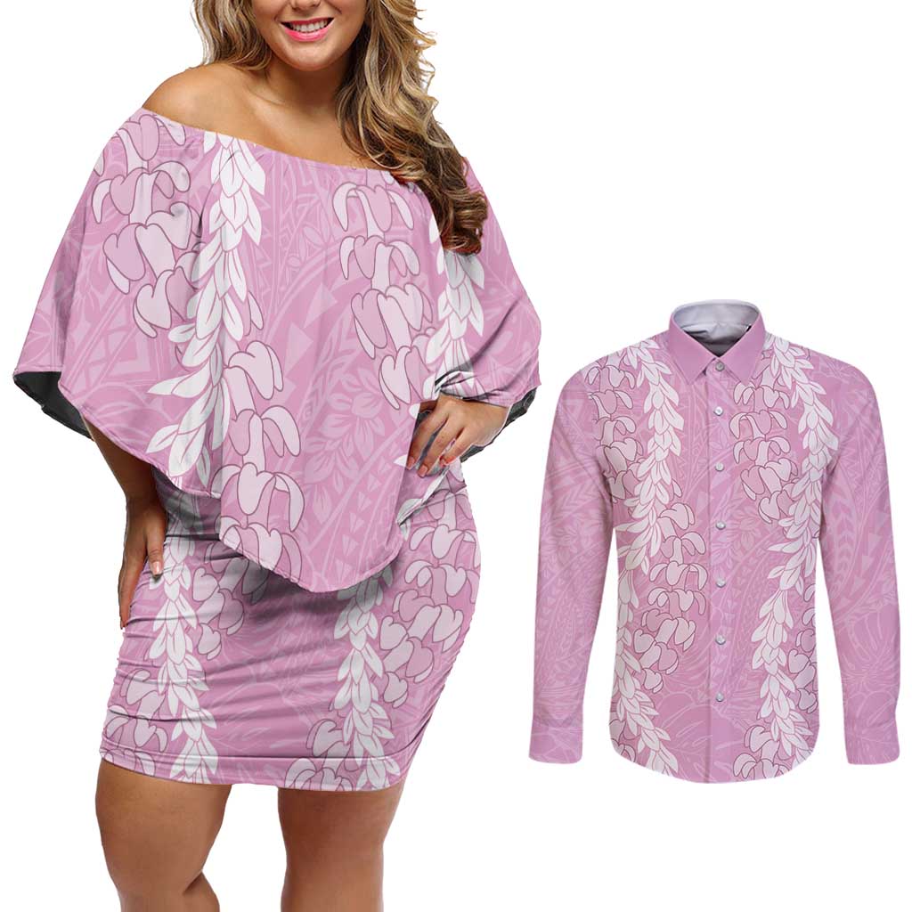 Puakenikeni and Maile Lei Couples Matching Off Shoulder Short Dress and Long Sleeve Button Shirt Pink Double Strand Lei LT9 Pink - Polynesian Pride