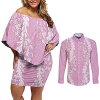 Puakenikeni and Maile Lei Couples Matching Off Shoulder Short Dress and Long Sleeve Button Shirt Pink Double Strand Lei LT9 Pink - Polynesian Pride