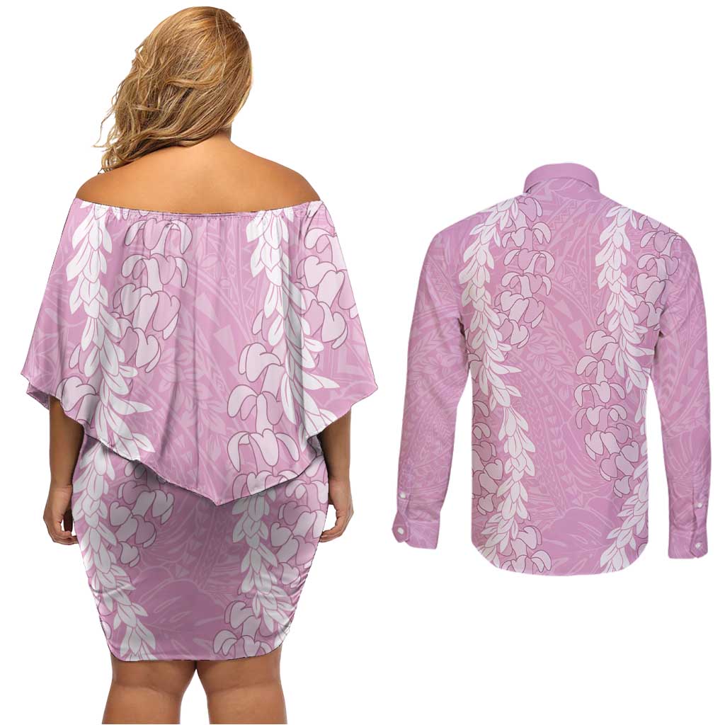 Puakenikeni and Maile Lei Couples Matching Off Shoulder Short Dress and Long Sleeve Button Shirt Pink Double Strand Lei LT9 - Polynesian Pride