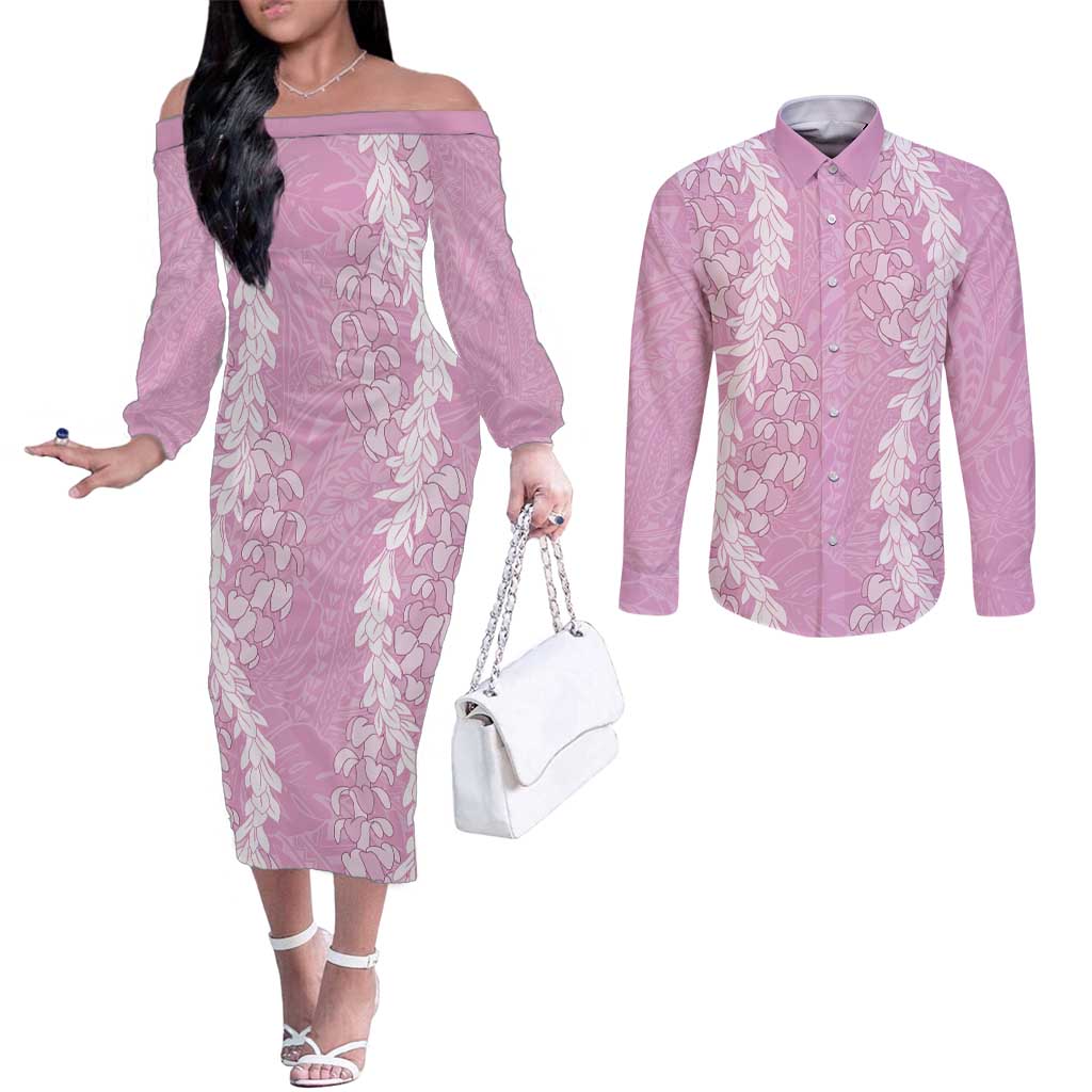 Puakenikeni and Maile Lei Couples Matching Off The Shoulder Long Sleeve Dress and Long Sleeve Button Shirt Pink Double Strand Lei