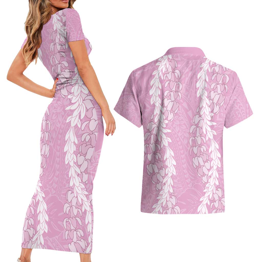 Puakenikeni and Maile Lei Couples Matching Short Sleeve Bodycon Dress and Hawaiian Shirt Pink Double Strand Lei