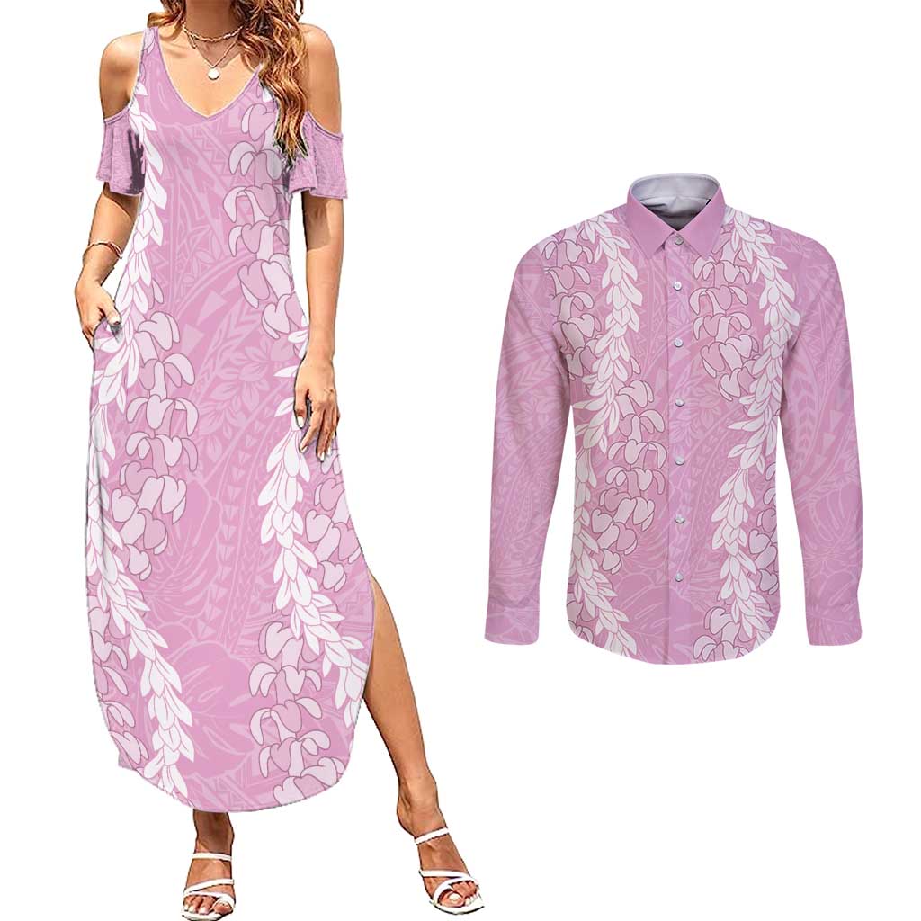 Puakenikeni and Maile Lei Couples Matching Summer Maxi Dress and Long Sleeve Button Shirt Pink Double Strand Lei LT9 Pink - Polynesian Pride