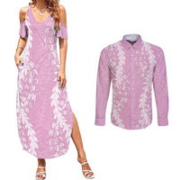Puakenikeni and Maile Lei Couples Matching Summer Maxi Dress and Long Sleeve Button Shirt Pink Double Strand Lei LT9 Pink - Polynesian Pride