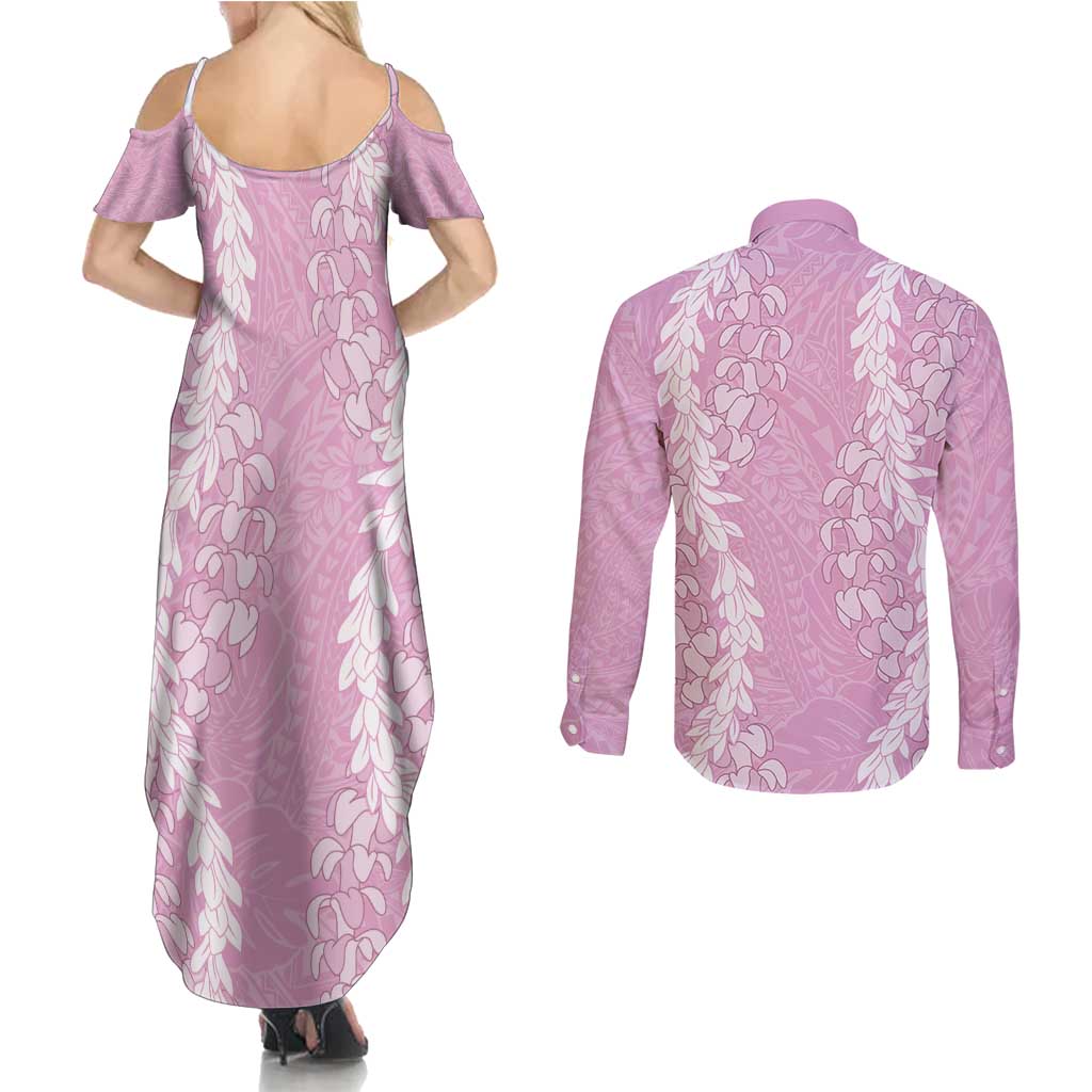 Puakenikeni and Maile Lei Couples Matching Summer Maxi Dress and Long Sleeve Button Shirt Pink Double Strand Lei LT9 - Polynesian Pride