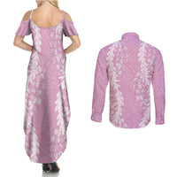 Puakenikeni and Maile Lei Couples Matching Summer Maxi Dress and Long Sleeve Button Shirt Pink Double Strand Lei LT9 - Polynesian Pride