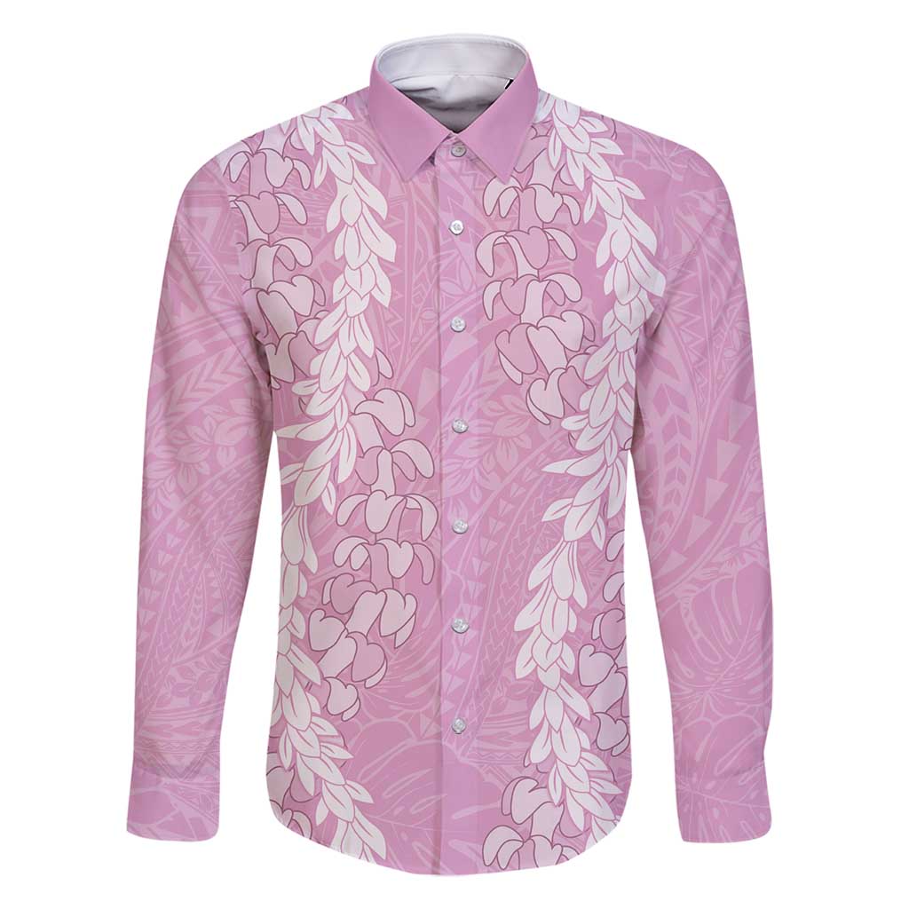 Puakenikeni and Maile Lei Family Matching Long Sleeve Bodycon Dress and Hawaiian Shirt Pink Double Strand Lei