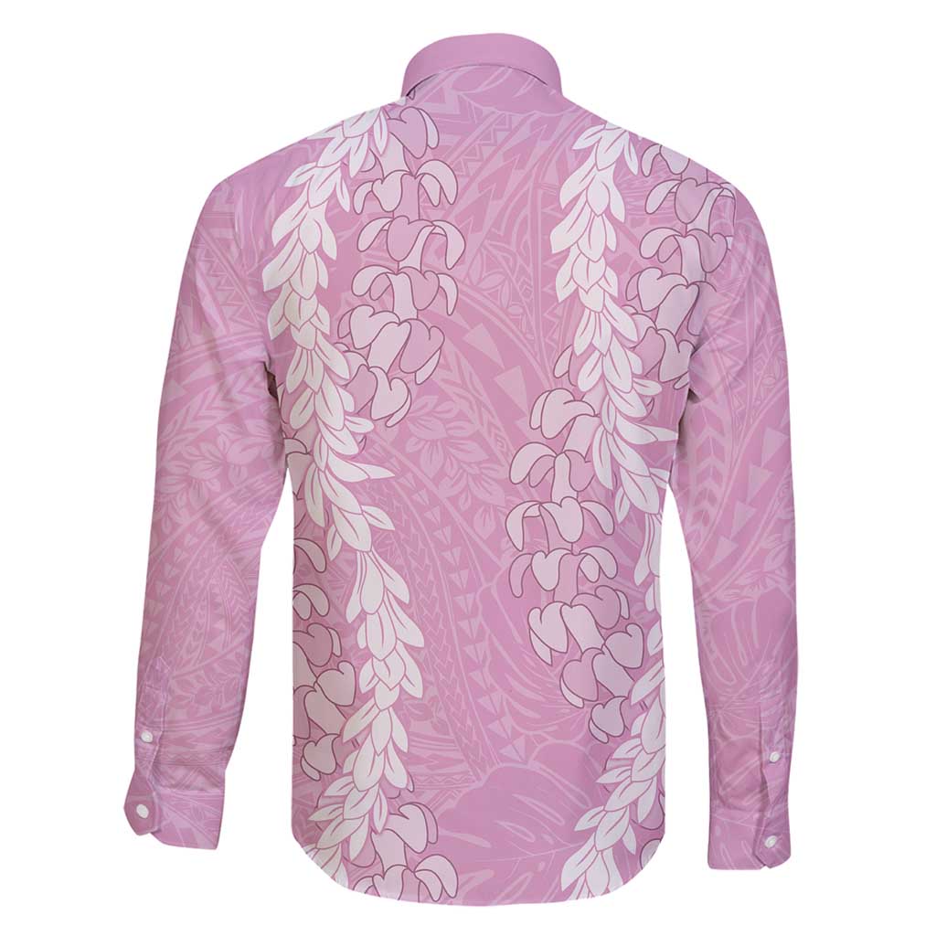 Puakenikeni and Maile Lei Family Matching Long Sleeve Bodycon Dress and Hawaiian Shirt Pink Double Strand Lei