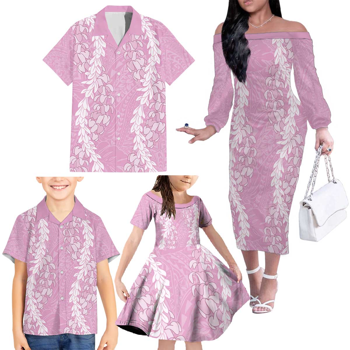 Puakenikeni and Maile Lei Family Matching Off The Shoulder Long Sleeve Dress and Hawaiian Shirt Pink Double Strand Lei