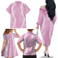 Puakenikeni and Maile Lei Family Matching Off The Shoulder Long Sleeve Dress and Hawaiian Shirt Pink Double Strand Lei