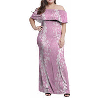 Puakenikeni and Maile Lei Family Matching Off Shoulder Maxi Dress and Hawaiian Shirt Pink Double Strand Lei