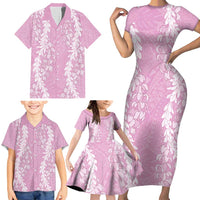 Puakenikeni and Maile Lei Family Matching Short Sleeve Bodycon Dress and Hawaiian Shirt Pink Double Strand Lei