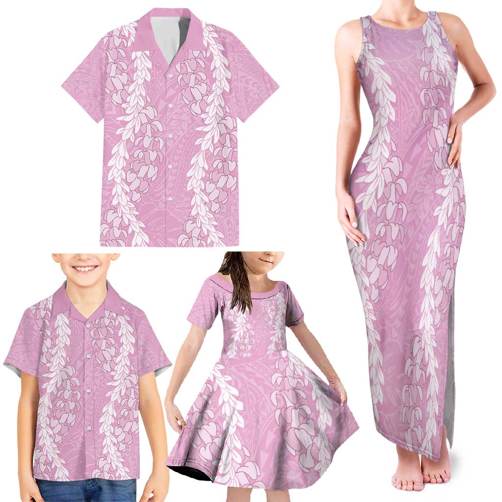 Puakenikeni and Maile Lei Family Matching Tank Maxi Dress and Hawaiian Shirt Pink Double Strand Lei