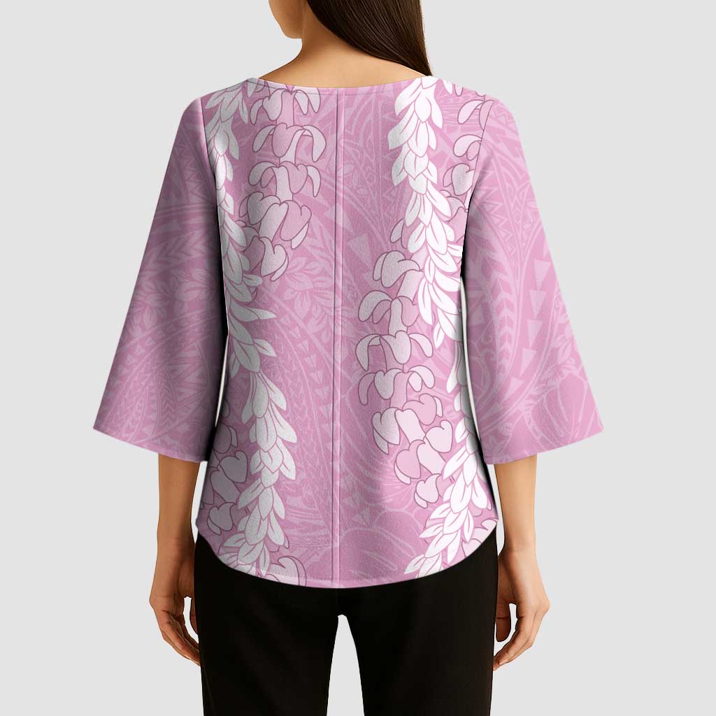 Puakenikeni and Maile Lei Kimono Sleeve Blouse Pink Double Strand Lei - Polynesian Pride