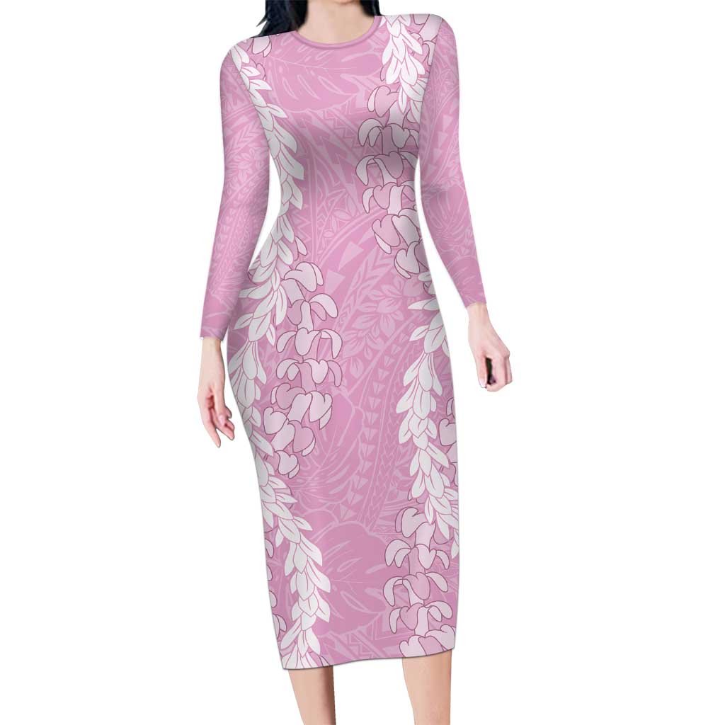 Puakenikeni and Maile Lei Long Sleeve Bodycon Dress Pink Double Strand Lei
