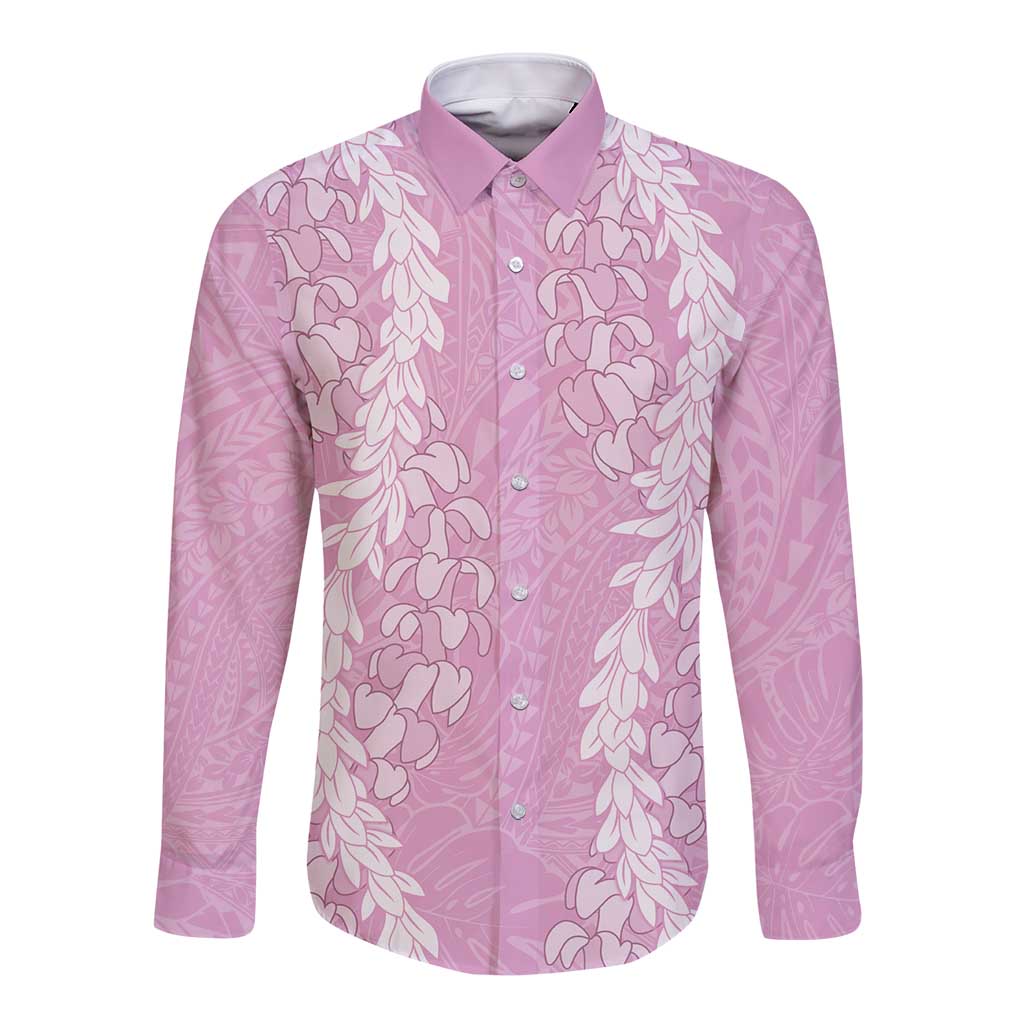 Puakenikeni and Maile Lei Long Sleeve Button Shirt Pink Double Strand Lei LT9 Unisex Pink - Polynesian Pride