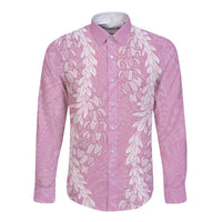 Puakenikeni and Maile Lei Long Sleeve Button Shirt Pink Double Strand Lei LT9 Unisex Pink - Polynesian Pride