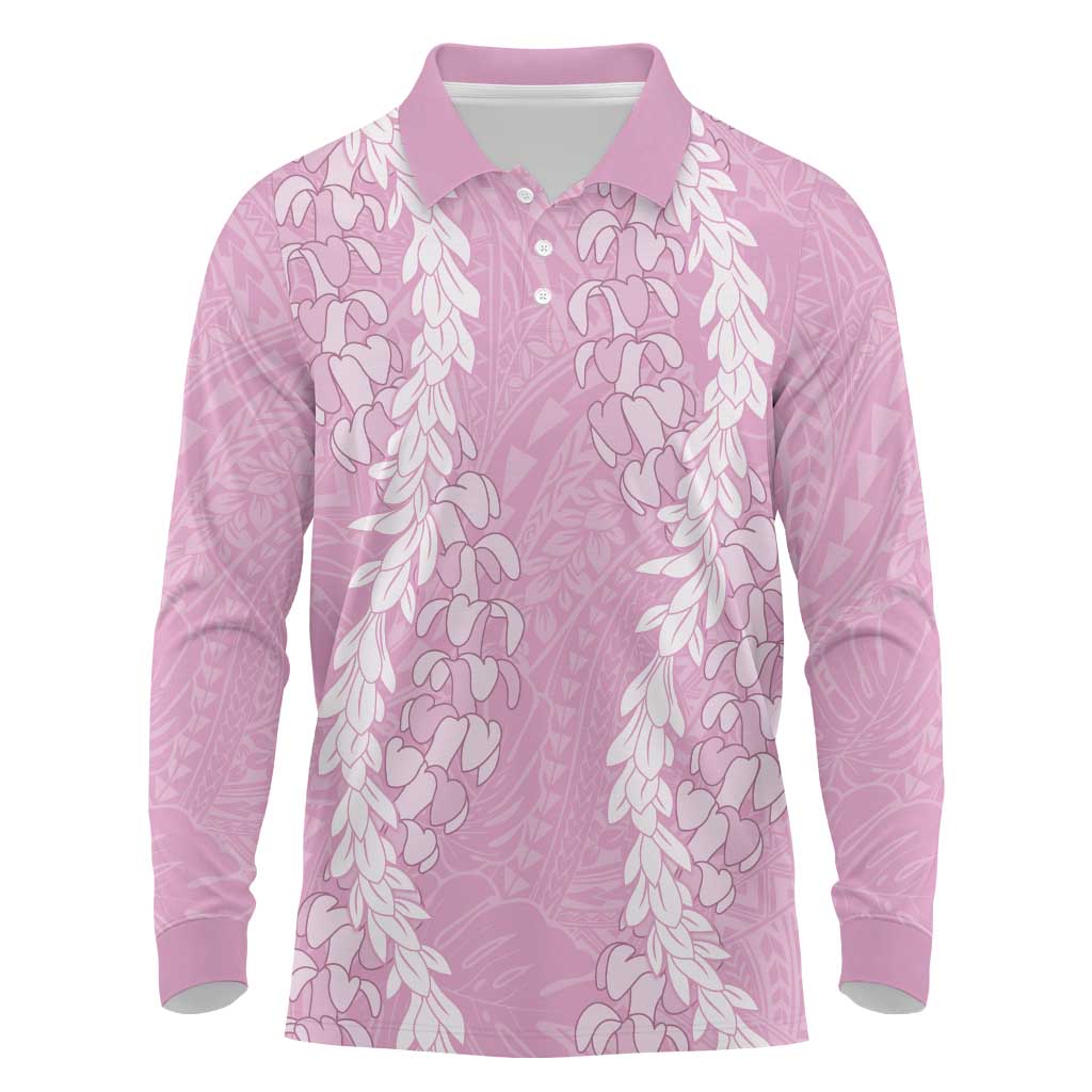 Puakenikeni and Maile Lei Long Sleeve Polo Shirt Pink Double Strand Lei LT9 Pink - Polynesian Pride