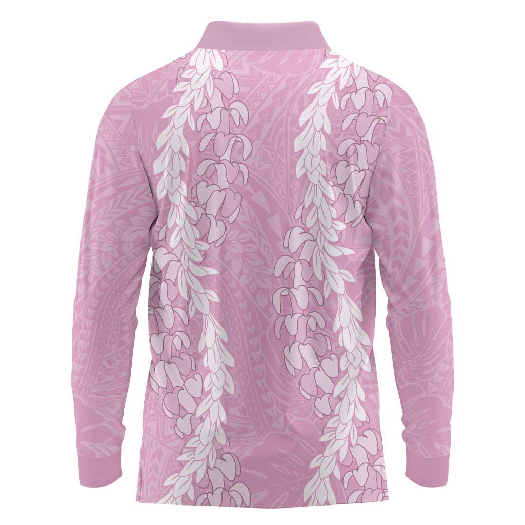 Puakenikeni and Maile Lei Long Sleeve Polo Shirt Pink Double Strand Lei LT9 - Polynesian Pride