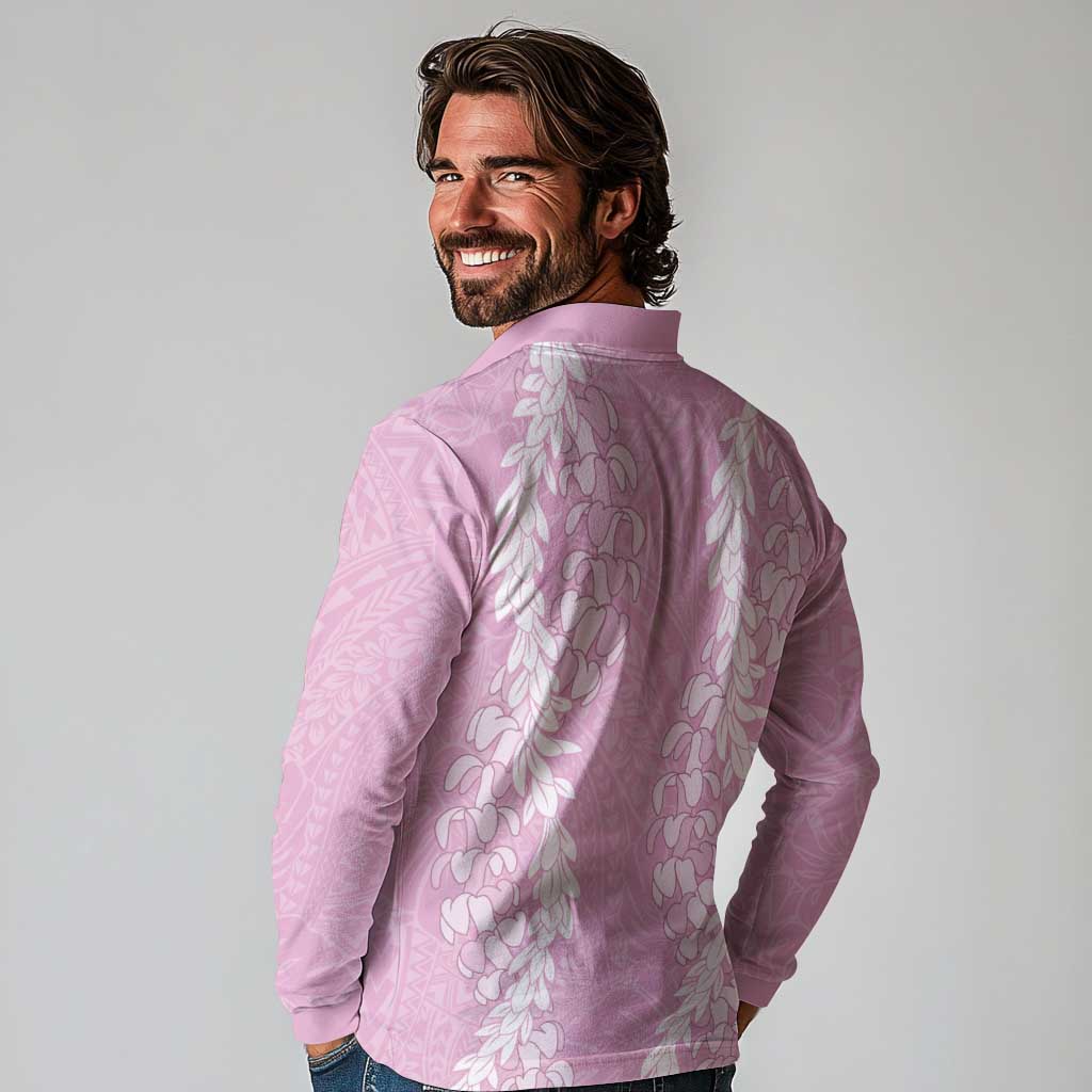 Puakenikeni and Maile Lei Long Sleeve Polo Shirt Pink Double Strand Lei LT9 - Polynesian Pride