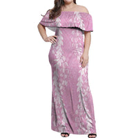 Puakenikeni and Maile Lei Off Shoulder Maxi Dress Pink Double Strand Lei LT9 Women Pink - Polynesian Pride