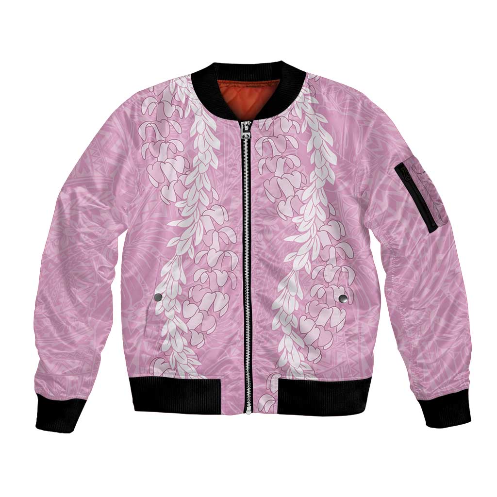 Puakenikeni and Maile Lei Sleeve Zip Bomber Jacket Pink Double Strand Lei