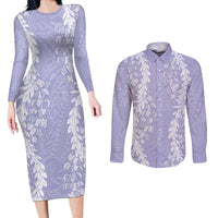 Puakenikeni and Maile Lei Couples Matching Long Sleeve Bodycon Dress and Long Sleeve Button Shirt Purple Double Strand Lei
