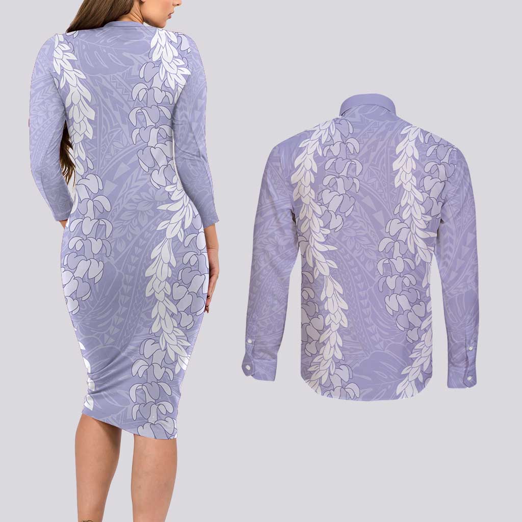 Puakenikeni and Maile Lei Couples Matching Long Sleeve Bodycon Dress and Long Sleeve Button Shirt Purple Double Strand Lei